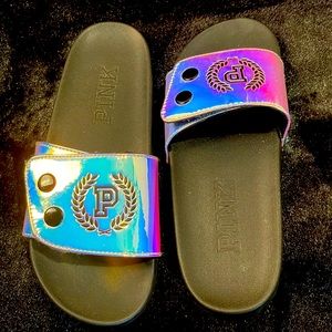 VS sandals by PINK Size large! Iridescent top w/word PINK on bottom & the sides!